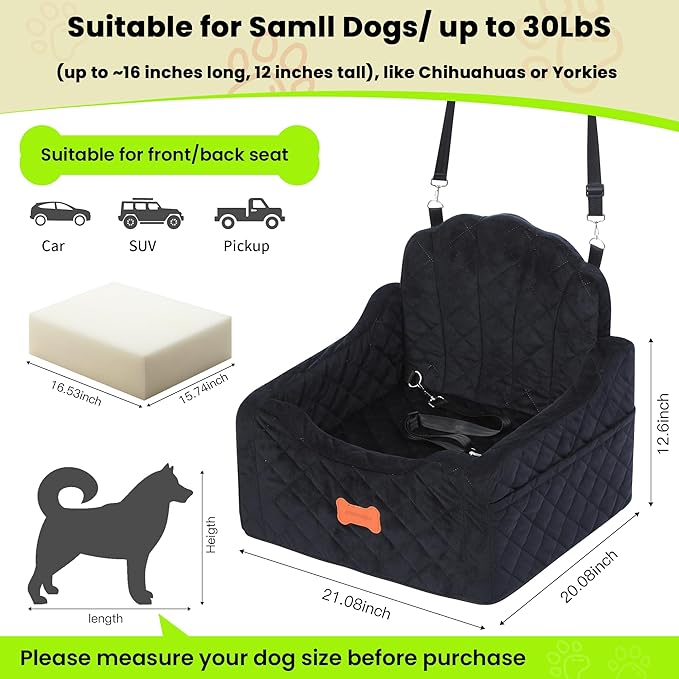 Dog Car Seat for Small Dogs Under 30lbs, Detachable Washable Pet Booster Seat with Safety Belt & Storage Pockets, Travel Car Bed, Black-PawvioPets
