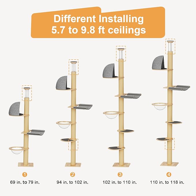 FUKUMARU Floor to Ceiling Cat Tree, 6 Level Adjustable Height (5.7-9.8 ft) Climbing Tower with Thickened Scratching Posts, Cats Activity Center with Transparent Capsule and Cozy Hammock-PawvioPets