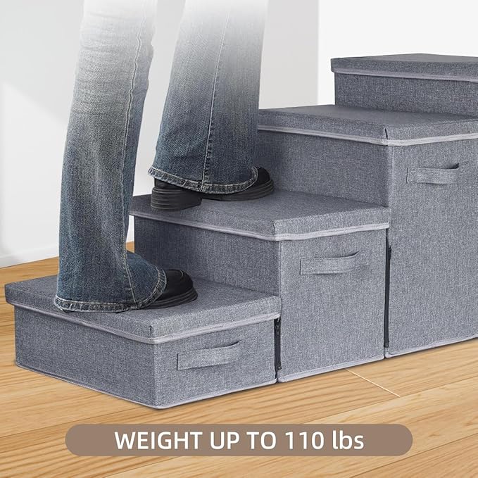Dog Stairs with Storage, 4-Step Folding Pet Steps for Small Dogs and Cats, Pet Steps Storage with Zip, Pet Stairs for High Bed, Couch and Car Ramp (Gray, 4 Steps no Condo)-PawvioPets