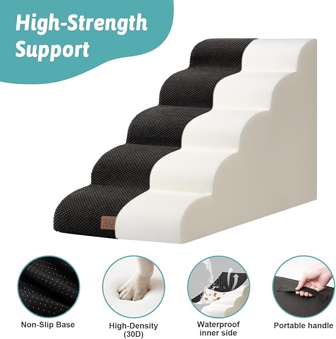 Extra Wide Dog Stairs 19.7" Width, Large Pet Step for Small Medium Dog, Puppy or Cat, Ramp for High Bed or Car, High Density Foam Ladder, Stable, 5 Step, 19.7x33x22.4 inch, Black-PawvioPets