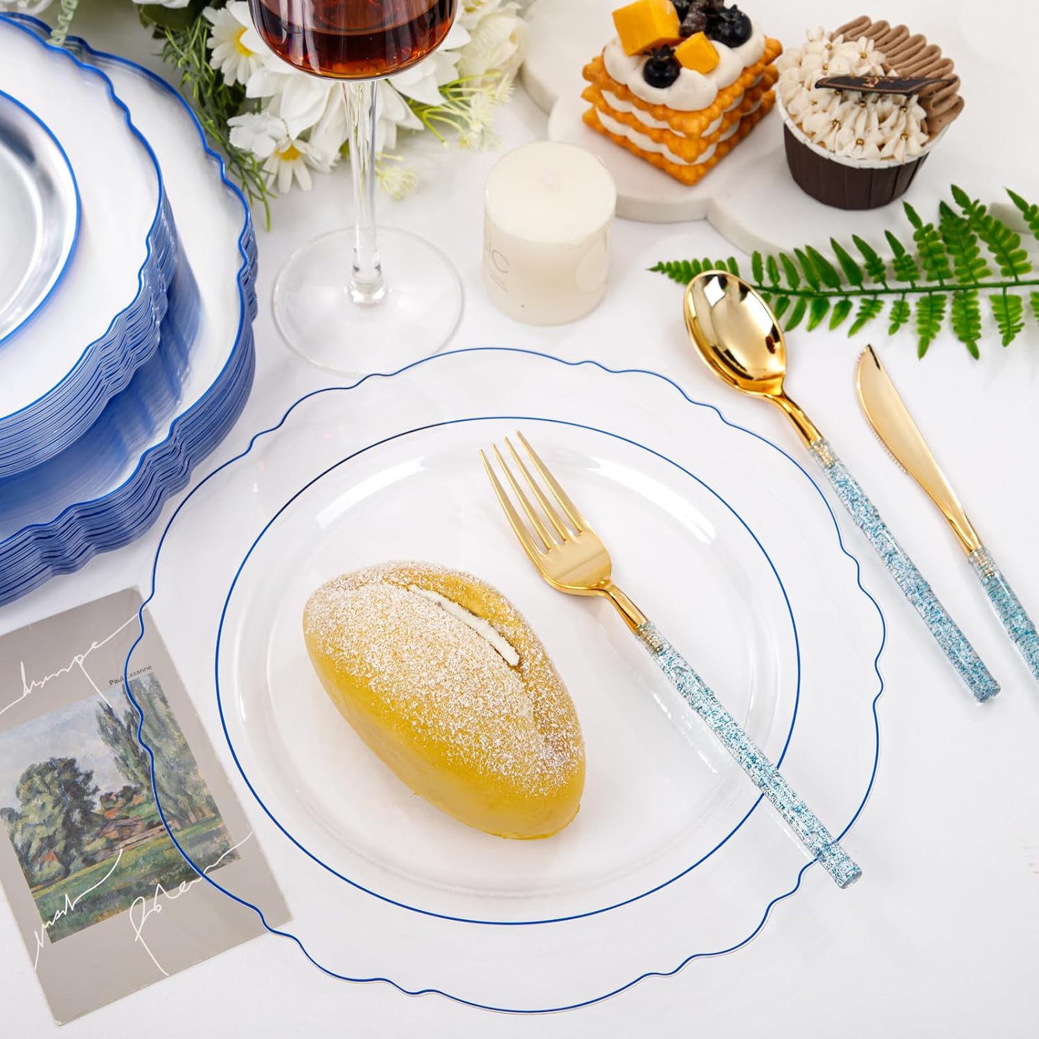 Liacere 150PCS Clear and Blue Plastic Plates-Clear and Blue Disposable Plates with Glitter Bamboo Handle Cutlery-60 Baroque Elegant Plates, 30 Forks, 30 Spoons, 30 Knives for Wedding＆Back to School