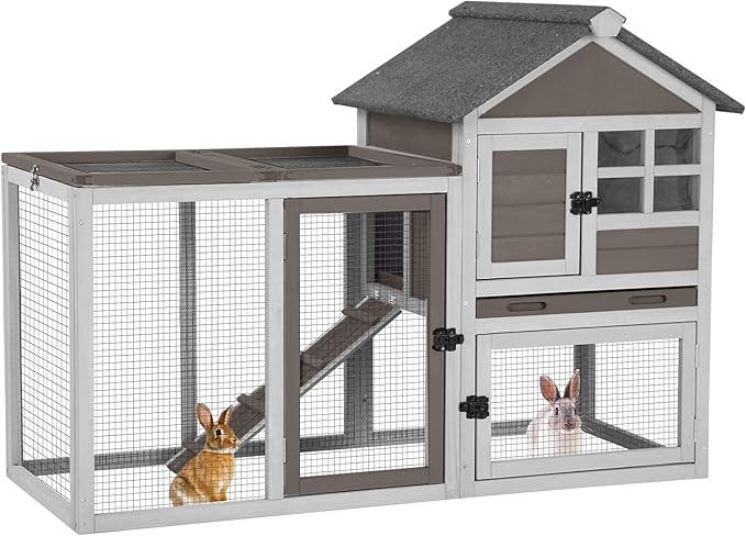 Aivituvin Rabbit Hutch Indoor Bunny Cage Outdoor with Run Chicken Coop Guinea Pig House with Waterproof Asphalt Roof,No Leakage Pull Out Tray-PawvioPets