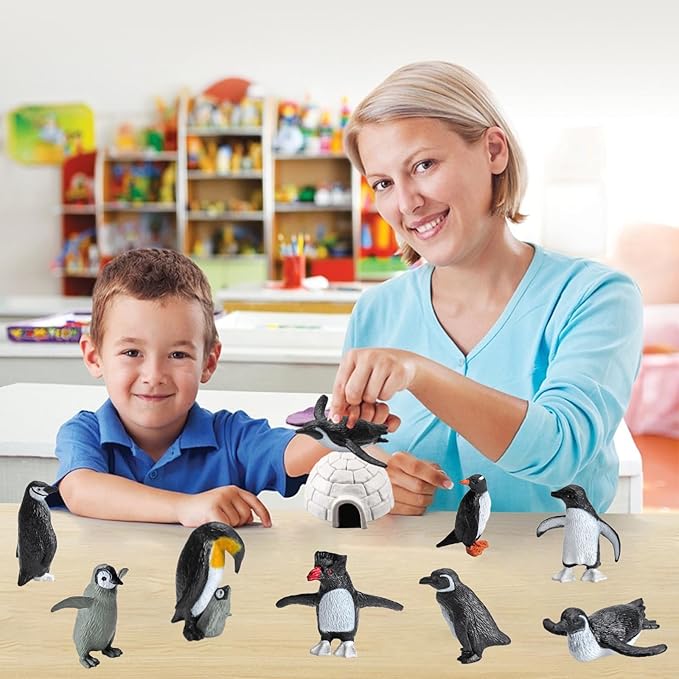 11PCS Penguin Toys, Plastic Arctic Animal Penguin Figures for Kids, Realistic Polar Animals Penguin Figurines Set with Igloo Model, Cake Topper Winter Miniature Toys Decoration-PawvioPets