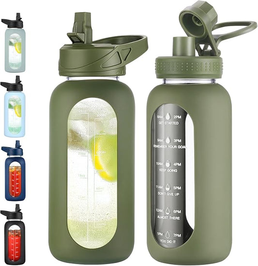 32 oz Glass Water Bottle with Straw and Handle, Sports Motivational Water Flask with Silicone Sleeve, Large Leakproof Water Flask Cup with Time Marker for Travel, Gym, Army Green-PawvioPets
