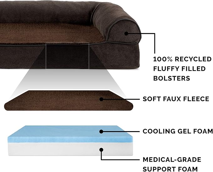 Furhaven Cooling Gel Dog Bed for Large Dogs w/ Removable Bolsters & Washable Cover, For Dogs Up to 95 lbs - Sherpa & Chenille Sofa - Coffee, Jumbo/XL-PawvioPets