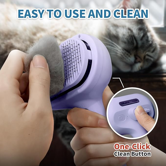 3 in 1 Steam Cat Brush for Shedding - Self-Cleaning Dog Grooming Tool for Long and Short Hair Pets - Removes Static, Flying Hair, and Loose Fur (Purple)-PawvioPets