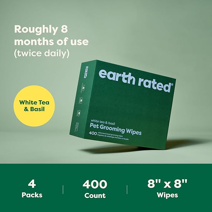 Earth Rated Pet Wipes for Dogs and Cats, Hypoallergenic, 3-in-1 Cleaning, Deodorizing and Hydrating, for Grooming Paws, Body and Butt, New White Tea and Basil Scent, 400 Count-PawvioPets