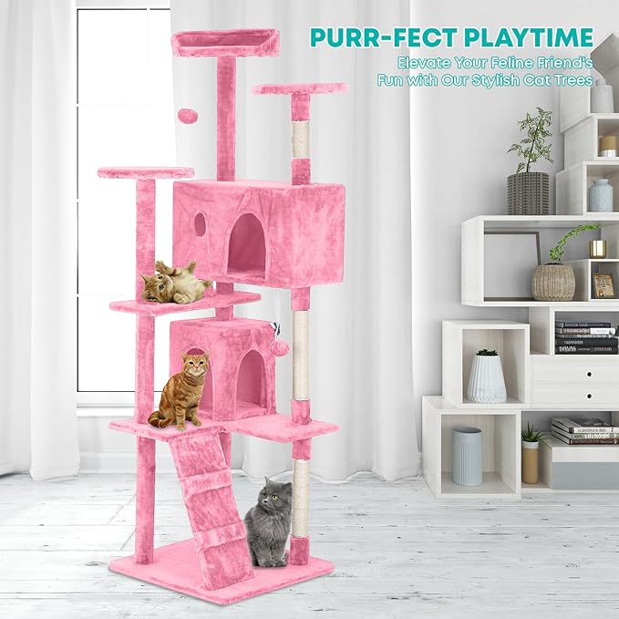 FDW Cat Tree 70in Cat Tower Multi-Level Durable Cat Scratching Post & Cozy Fun Cat Jumping Platform Space Saving Cat Condo Pet Play House for Indoor Cats,Pink-PawvioPets