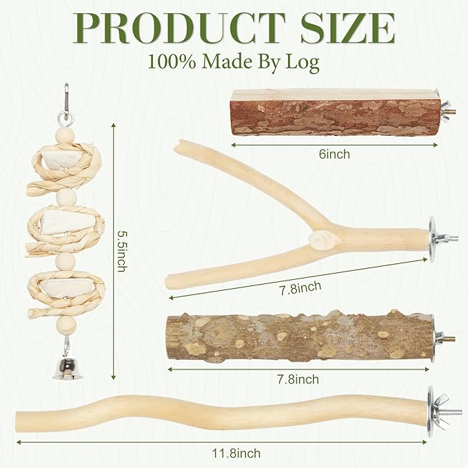 Bird Perches for Cage 6pcs Natural Bird Stand Branch for Cage with Hanging Bridge, Parrot Swing Toys Chewing Climbing Standing Branches Wood Pole Paw Grinding Fork Parakeet Platform-PawvioPets