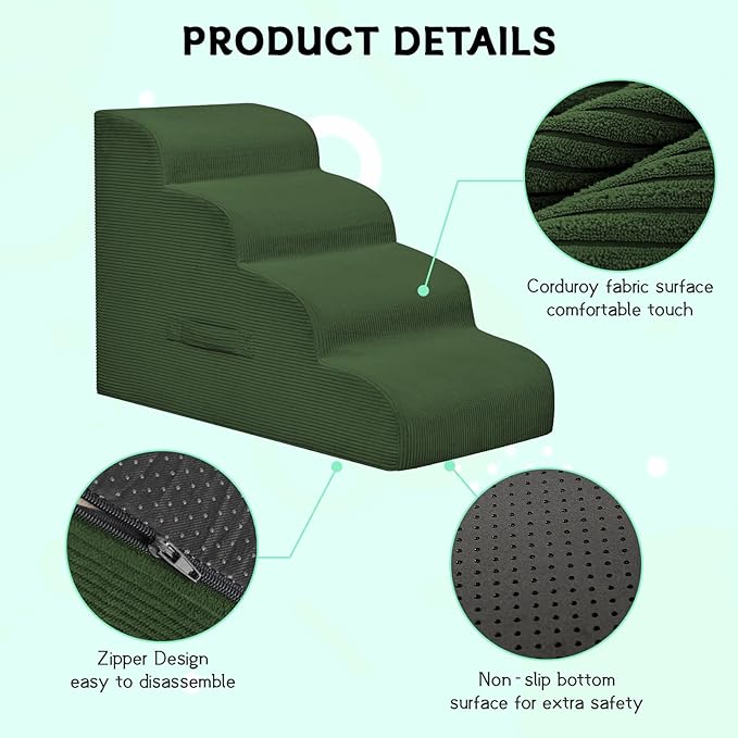 Dog Steps for Small Dogs, 3-Step Pet Ramp Stairs for High Beds and Sofa, Non-Slip Pet Stairs for Small Dogs and Cats, Removable and Easy to Clean Cover, Green-PawvioPets