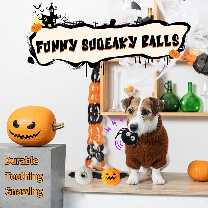 DKING 3Pack Squeaky Dog Balls,2 in1 Funny Puppy Ball Toys,Birthday Dog Toy for Small Medium Dogs (Halloween Ball)-PawvioPets