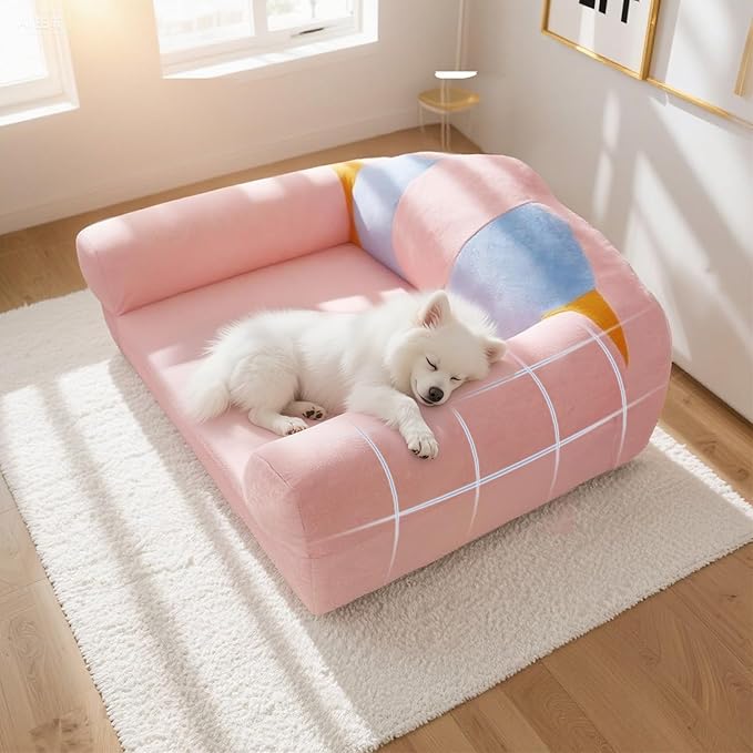 Cute Cat Couch with Soft Pillow, Supportive Dog Couch, Cat Sofa with Removable Cover，Cute Rainbow Shaped, 24 Inch-PawvioPets