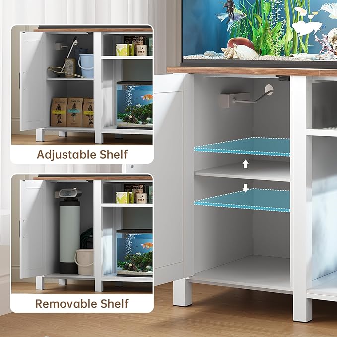 Aquarium Stand with Power Outlets, 55-75 Gallon Heavy Duty Fish Tank Stand with Cabinet Storage & Adjustable Shelf, for Fish Tank, Turtle Tank, Reptile Terrarium, 1000LBS Capacity, White-PawvioPets