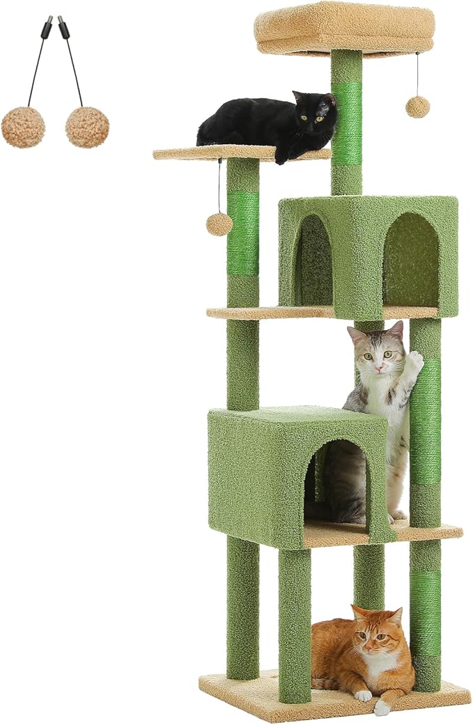 Cactus Cat Tree, 62-Inch Tall Multi-Level Cat Tower with Scratching Posts, Cat Condos for Large Indoor Cats, Plush Cat Bed w/Padded Perches, Scratching Pad & 2 Green Pompoms, Green-PawvioPets