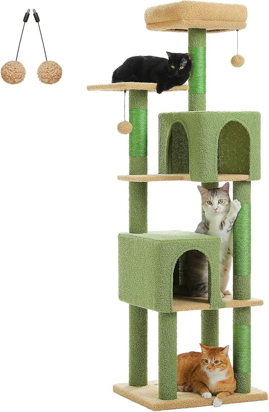 Cactus Cat Tree, 62-Inch Tall Multi-Level Cat Tower with Scratching Posts, Cat Condos for Large Indoor Cats, Plush Cat Bed w/Padded Perches, Scratching Pad & 2 Green Pompoms, Green-PawvioPets
