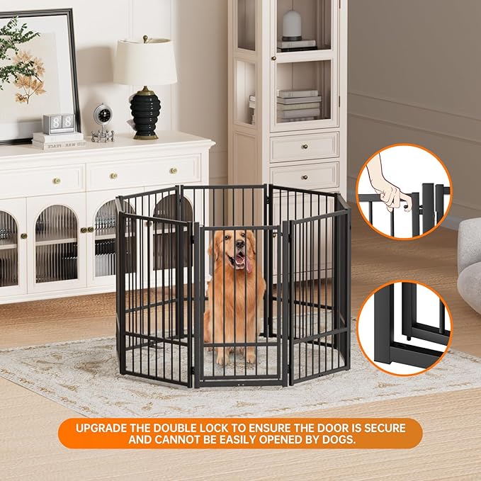 Full Metal Freestanding Dog Gate with Door, 36''Height Foldable Pet Dog Fence for Indoor & Outdoor, 8 Panels Extra Wide Free Standing TallDog Gates for Doorways,House,Stairs,Porch,Deck,Yard-PawvioPets