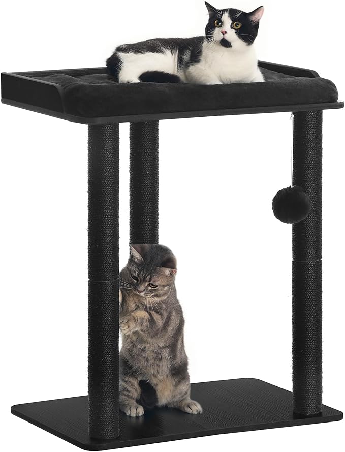 FourFurPets 26.7in Cat Tree Tower Condo, Cat Scratch Posts for Indoor Cats, Big Plate, Three 23.6in Full Sisal Scratching Posts, Black-PawvioPets