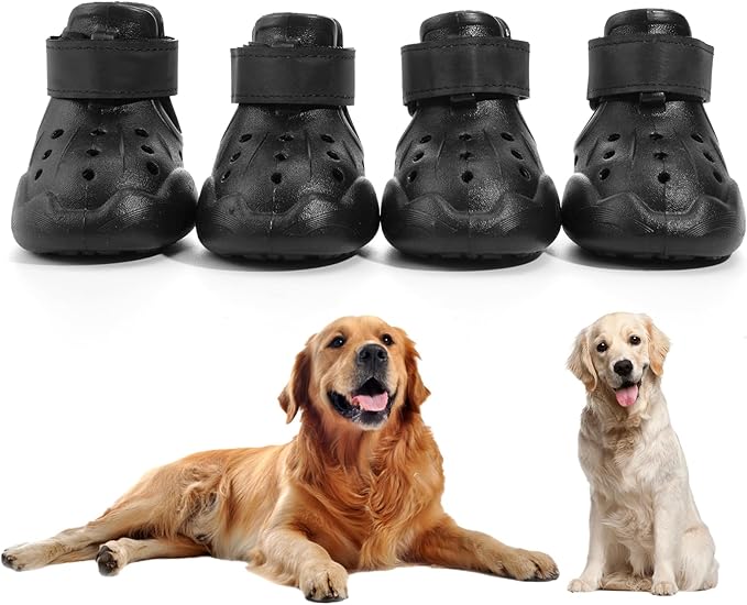 Dog Shoes, Dog Sandals for Hot Pavement, Non-Slip Waterproof Dog Booties for Winter Snowy Day and Summer, Adjustable Straps Easy-Clean Beach Outdoor Pet Boots Rugged Sole-4Pcs Black-PawvioPets