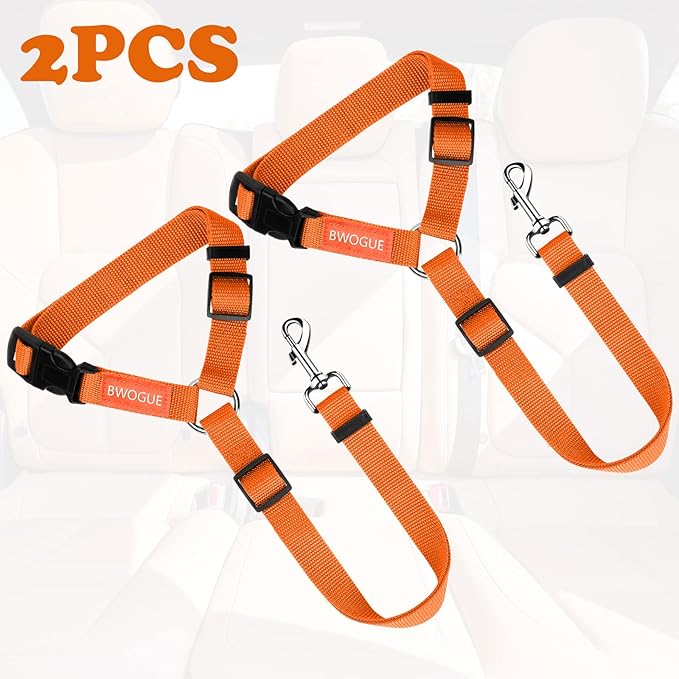BWOGUE 2 Packs Dog Cat Safety Seat Belt Strap Car Headrest Restraint Adjustable Nylon Fabric Dog Restraints Vehicle Seatbelts Harness Orange-PawvioPets