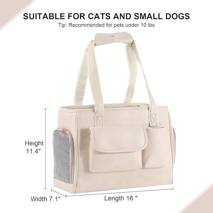 Dog Carrier Purse, Fashion Leather Pet Carrier Bag, Airline Approved Soft Sided Cat Travel Tote Bag with Pockets White-PawvioPets