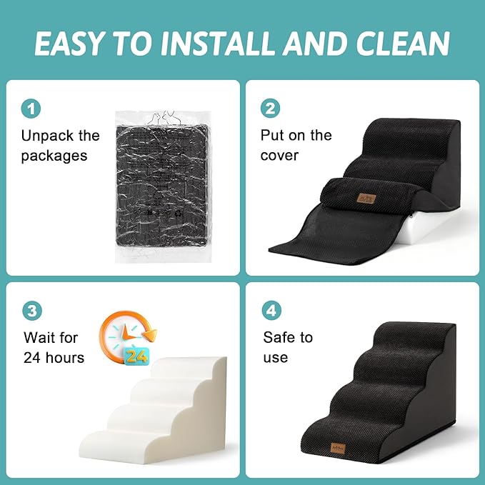 Dog Stairs for Small Dogs 19.7" H, Curved Dog Step for Puppy, Older or Cat, Medium Pet Ramp for Sofa, Couch or Bed, Ladder with High Density Foam, 15.7x28.3x19.7 inch, 4 Step, Black-PawvioPets