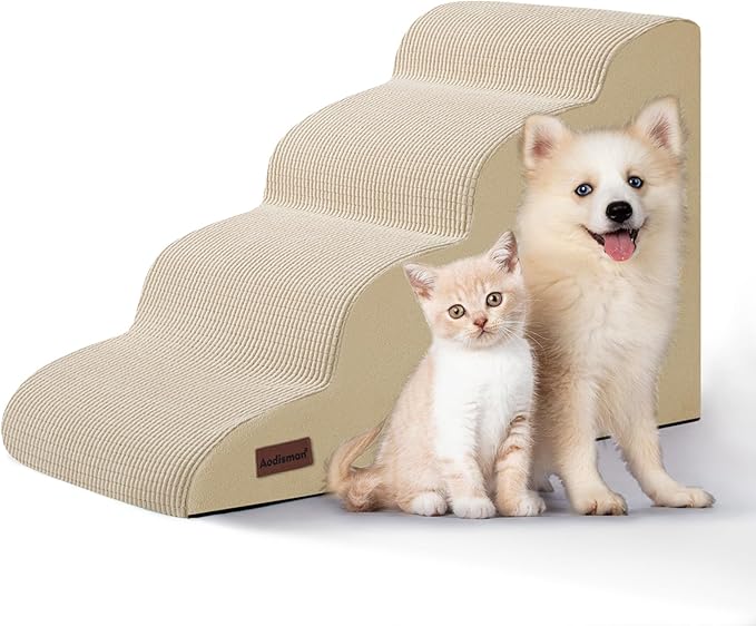 4-Step Dog Stairs and Ramp for Beds or Couches,Non-Slip Sturdy Pet Steps for Small Dogs and Cats,17.4" H,Beige-PawvioPets