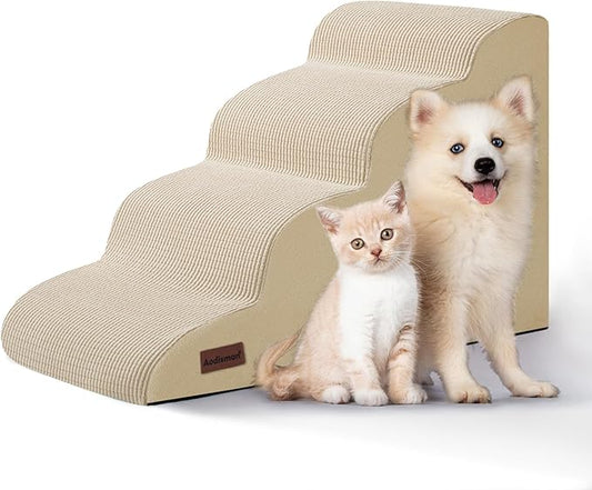 4-Step Dog Stairs and Ramp for Beds or Couches,Non-Slip Sturdy Pet Steps for Small Dogs and Cats,17.4" H,Beige-PawvioPets