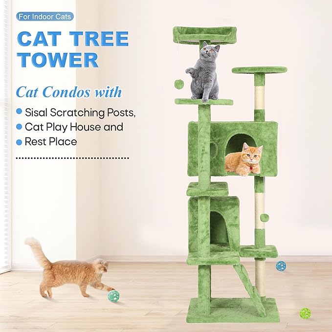 FDW Cat Tree 70in Cat Tower Multi-Level Durable Cat Scratching Post & Cozy Fun Cat Jumping Platform Space Saving Cat Condo Pet Play House for Indoor Cats,Green-PawvioPets