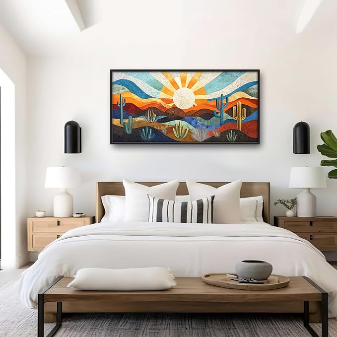 Extra Large Framed Abstract Boho Desert Wall Art, Sun Cactus Landscape Wall Decor Pictures for Living Room,Cacti Canvas Print Painting Modern Artwork Bedroom Office Bathroom Home Decor 60L x 30W-PawvioPets