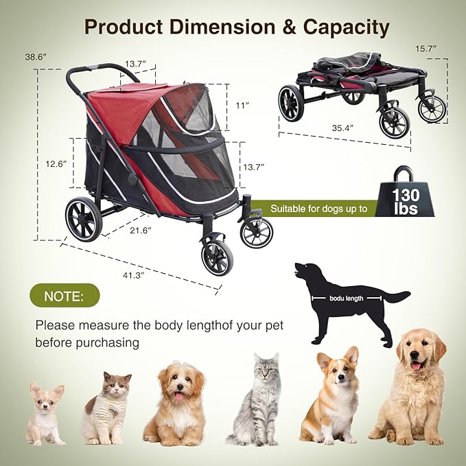 Dog Stroller for Medium/Large Dogs One-Click Folding, Extra Large Pet Stroller for 2 Dogs with Storage Pocket & Shock Absorption, Up to 130 lbs, Red-PawvioPets
