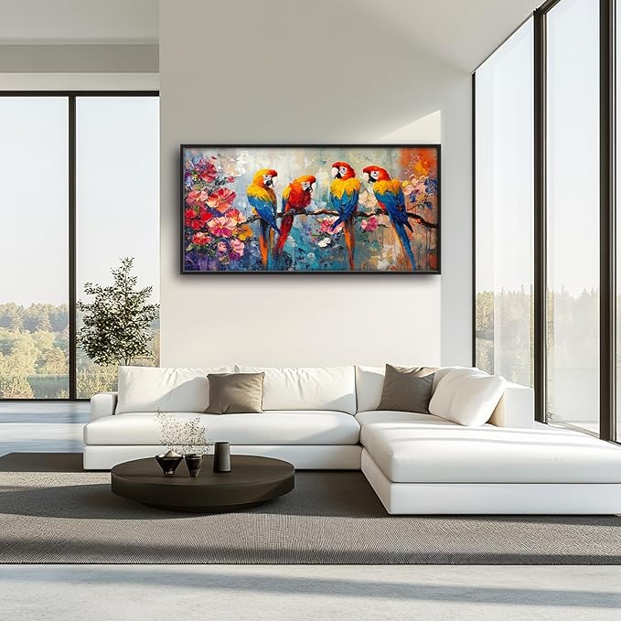 Extra Large Framed Parrot Bird Wall Art,Oversized Abstract Colorful Parrots Flower Wall Decor Pictures for Living Room,Canvas Print Painting Modern Artwork Bedroom Office Bathroom Home Decor 60L x30W-PawvioPets