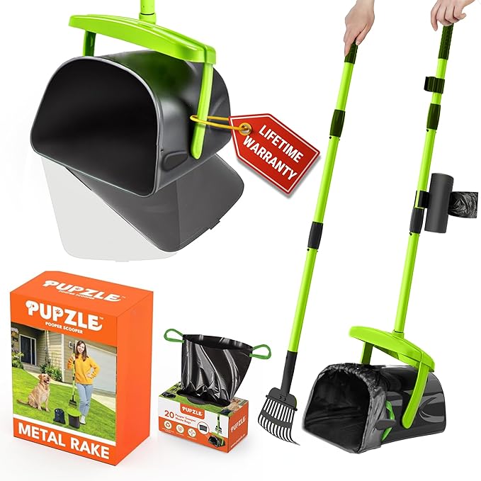 Dog Pooper Scooper with Bag Attachment, 40" Long Handle Pooper Scooper for Large Dogs, Dog Poop Scoop for Yard, Large Capacity Swivel Bin and Rake, Lavender Scented Bags (Green)-PawvioPets