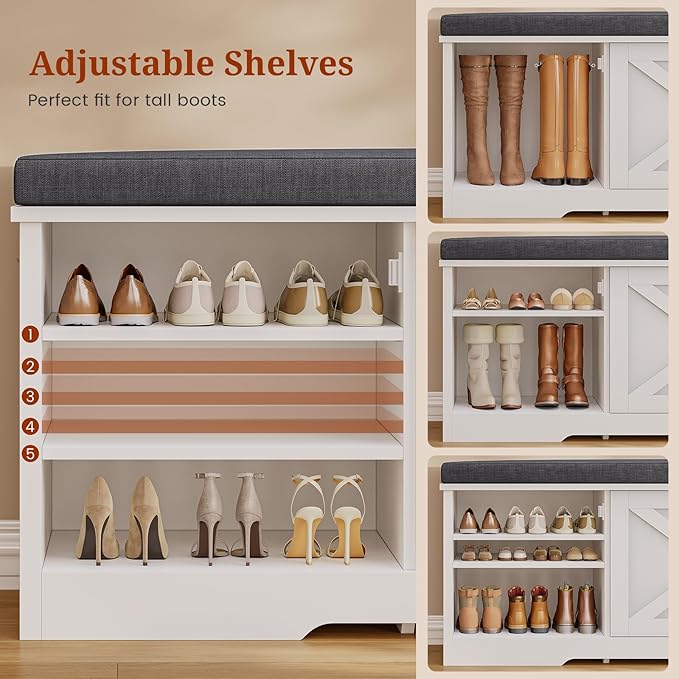 Farmhouse Storage Bench with Flip Drawers & Padded Seat Cushion, Half Hidden Shoe Rack Organizer, Adjustable Shelf Shoe Cabinet for Large Family, Entryway, Bedroom, Living Room (White)-PawvioPets