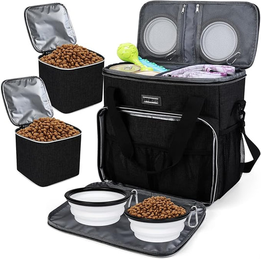 BAGLHER Dog Travel Bag, Pet Travel Bag (All Pet Travel Supplies), with 2 Pet Food Containers and 2 Collapsible Silicone Bowls; Essential Kits for Pet Travel Black-PawvioPets