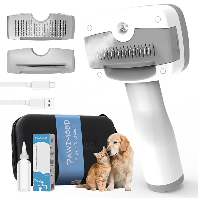 5 in 1 Pet Steam Brush for Dogs & Cats – Self Cleaning, 3 Pet Brush for Smoothing, Dematting, Thinning – Shedding, Grooming & Hair Removal, Includes Shampoo & Storage Case (8.0"-promax)-PawvioPets