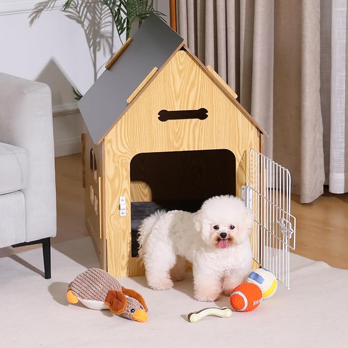 Dog House Indoor for Small Dogs or Cats, Cozy Wooden Design, Small Indoor Bed House, with Air Vents and Elevated Floor Warm Dog Cave-PawvioPets