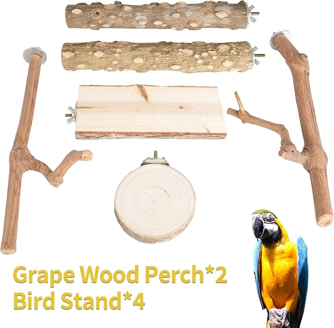 Bird Perches, 6PCS Natural Wood Birds Perch Stand Set, Parakeet Toys, Bird Cage Accessories, Stand & Toys for Parakeets, Cockatiels, Conure, Budgies-PawvioPets