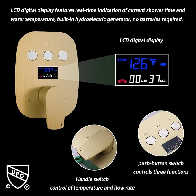 Brushed Gold Shower System Set Temperature Display Push Button Shower Faucet with 12 inch and 8 inch Wall Mount Full Body Shower Head and Handheld Shower-PawvioPets