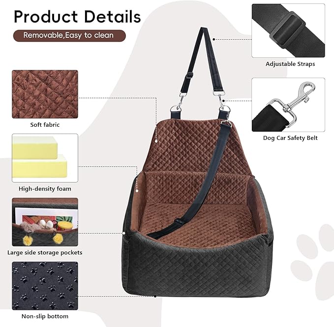 Dog Car Seat for Small Medium Dogs, Soft Fabric Dog Booster Seat with Storage Pockets, Safety Belt, Comfy Pet Car Seat Travel Bed, Removable and Washable-PawvioPets