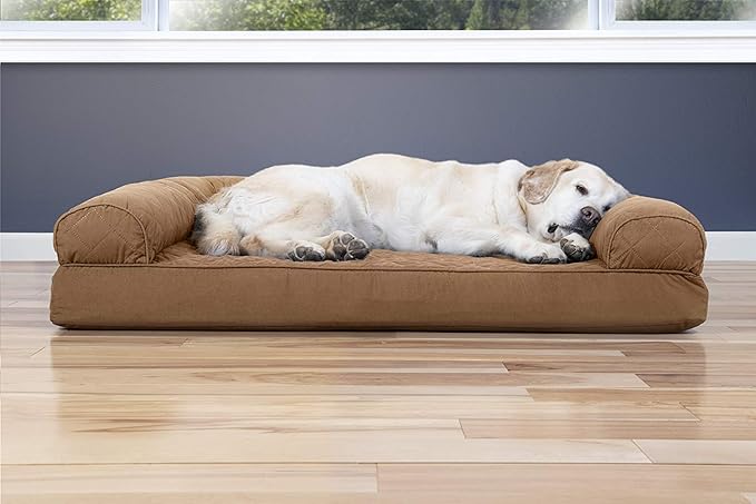 Furhaven Cooling Gel Dog Bed for Large Dogs w/ Removable Bolsters & Washable Cover, For Dogs Up to 95 lbs - Quilted Sofa - Toasted Brown, Jumbo/XL-PawvioPets
