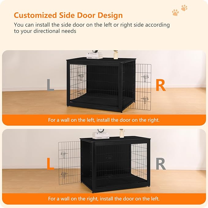 DWANTON Dog Crate Furniture with Cushion, Wooden Kennel Table with Double Doors, Indoor Dog House, Extra Large Size, 43.3" L, Black-PawvioPets