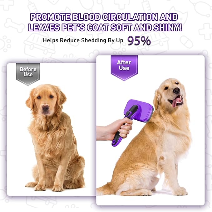 Dogs Cats Self Cleaning Slicker Brush for Shedding & Grooming Any Breed of Pets, Removes Loose, Undercoat, Mats, Tangled Hair for Small Medium Large Animal With Long Short Fur Length, Purple-PawvioPets