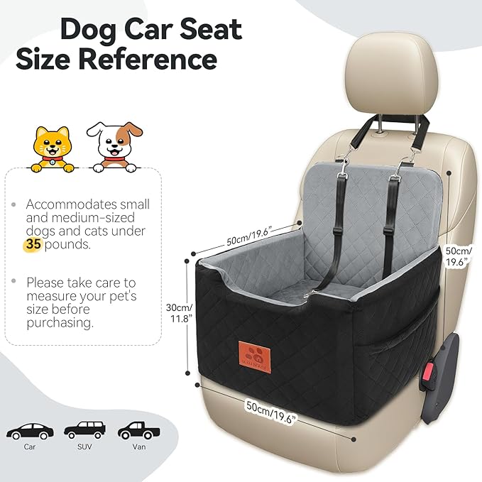 Dog Car Seat for Small/Medium Dogs Under 35lbs,Memory Foam Dog Booster Seats,Detachable and Washable Traval Pet Car Seat, Dogs Bed with 2 Safety Belts(Balck/Grey)-PawvioPets