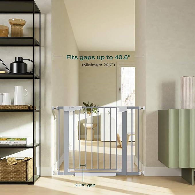 Cumbor 29.7"-40.6" Baby Gate for Stairs, Mom's Choice Awards Winner-Dog Gates for Doorways, Pressure Mounted Auto-Close Pet Gates for Dogs Indoor, Safety Child Gate with Easy Walk Thru Door, Gray-PawvioPets