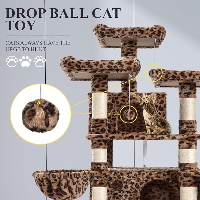 Allewie 68 Inches Cat Tree/House and Towers for Big Feline/Scratching Post/Multi-Level Large Kitty Climbing Tree with Condo/Leopard Print-PawvioPets