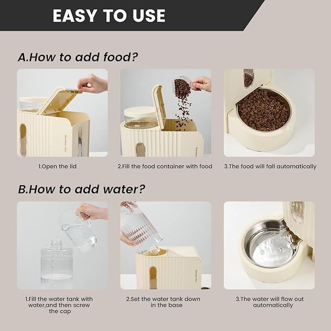 Gardner Pet Gravity Automatic 2-in-1 Pet Feeder, 0.8 Gallons*2 Cat Feeder and Water Dispenser Set, 100% BPA-Free Feeder and Stainless Steel Water Dispenser for Dogs, Cats, Rabbits, Puppies (Beige)-PawvioPets