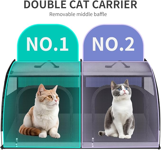 Double Cat Car Travel Carrier, Twin Compartment Show House Cat Cage/Condo，Portable Pet Crate for 2 Cats Travel Double Dog Crate Set for Long Distance Travel-PawvioPets