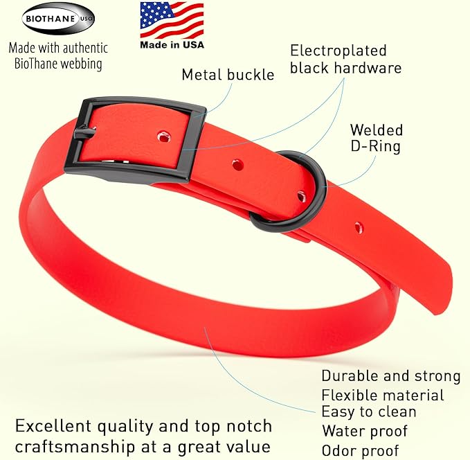 Dogline Biothane Waterproof Dog Collar Strong Coated Nylon Webbing with Black Hardware Odor- Proof for Easy Care Easy to Clean High Performance Fits Small Medium or Large Dogs, Cherry Red-PawvioPets
