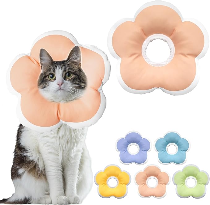 Cat Cone Collar Soft, Waterproof Cats Cones to Stop Licking After Surgery, Adjustable Soft Elizabeth Cats Collars for Wound Healing, Flower Shape Cat Recovery Collar (Pastel Orange, Large)-PawvioPets