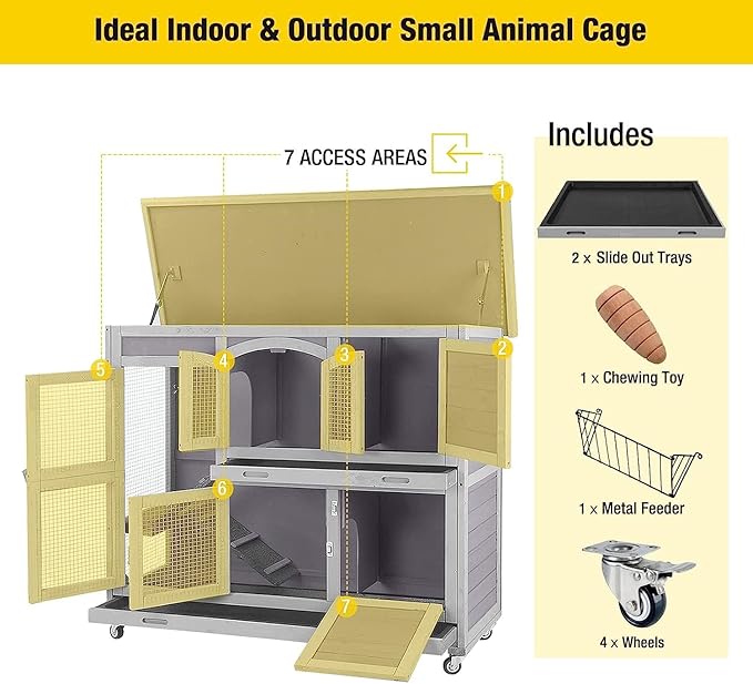 Aivituvin 47" Two Story Rabbit Hutch Bunny Cage with Wheels, Indoor Outdoor Guinea Pig Cage with 2 Deep No Leak Tray-PawvioPets